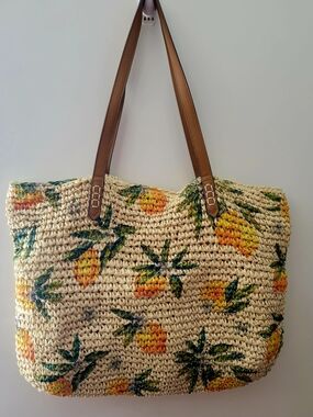 Style & Co. Straw Woven Lemon Print Tote Bag with Brown Handles